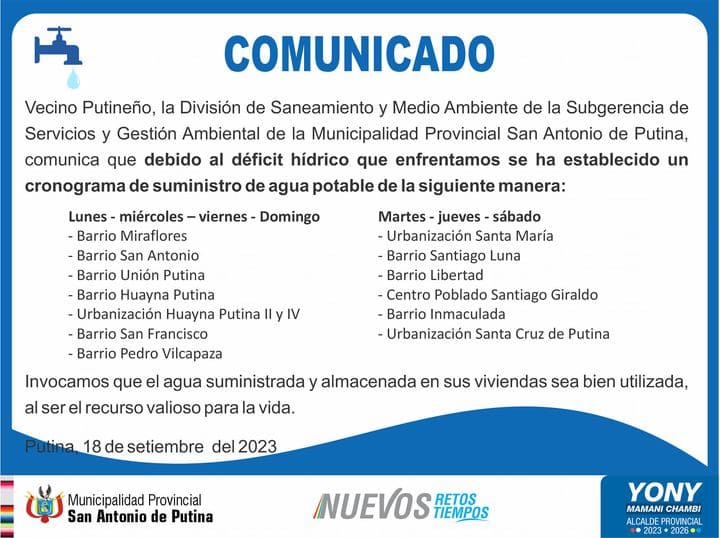 Comunicado restricción del suministro de agua potable.